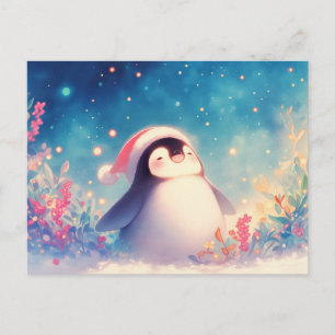 Postal Pinguino Feliz Navidad en Jardín de Flores de Invi