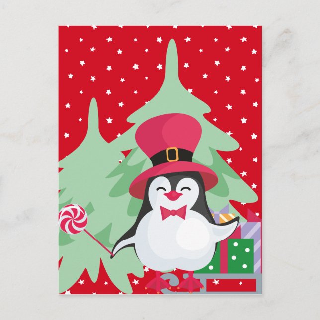 Postal Pingüino Festivo con Trineo (Anverso)