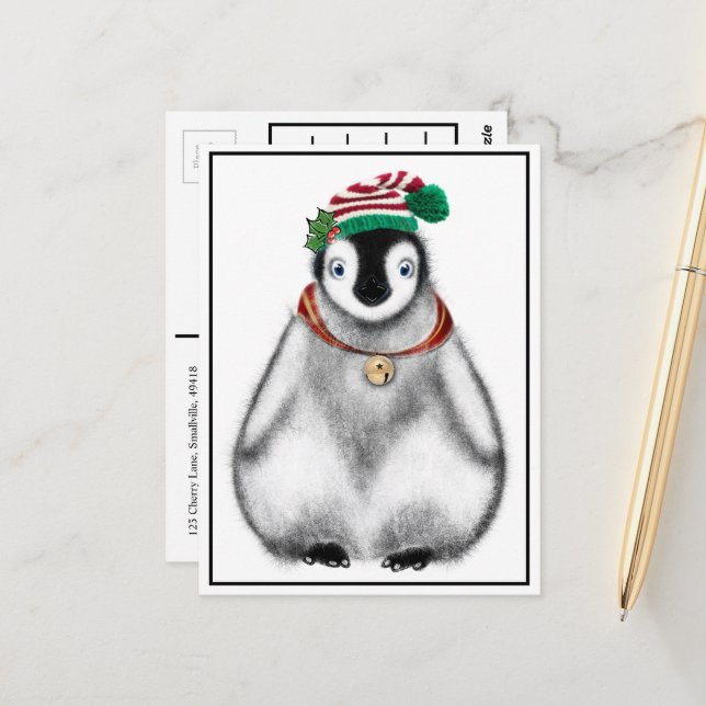 Postal Pingüino festivo de vacaciones | campanillas (Anverso/Reverso In Situ)