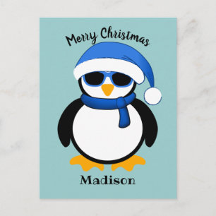 Postal Pingüino fresco lindo Feliz Navidad azul