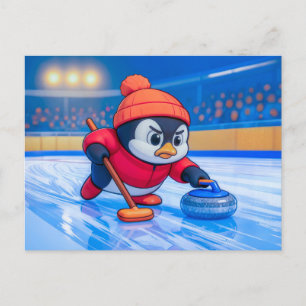 Postal Pingüino jugando curling en una pista de hielo inv