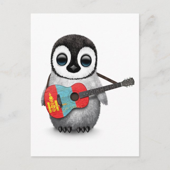 Postal Pingüino jugando guitarra con bandera mongola (Anverso)