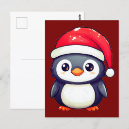 Postal Pingüino Kawaii usando un acogedor Sombrero Santa 