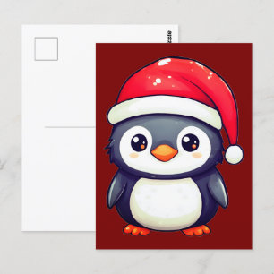 Postal Pingüino Kawaii usando un acogedor Sombrero Santa