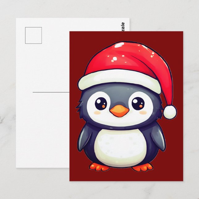 Postal Pingüino Kawaii usando un acogedor Sombrero Santa  (Anverso / Reverso)