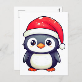 Postal Pingüino Kawaii usando un acogedor Sombrero Santa 