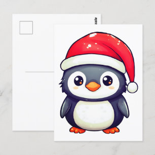 Postal Pingüino Kawaii usando un acogedor Sombrero Santa 