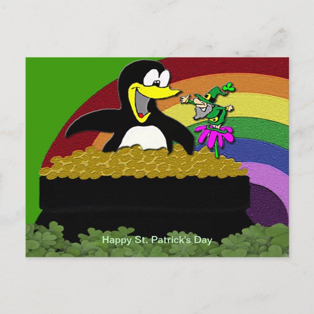 Postal Pingüino, Leprechaun, oro y arcoiris (Anverso)