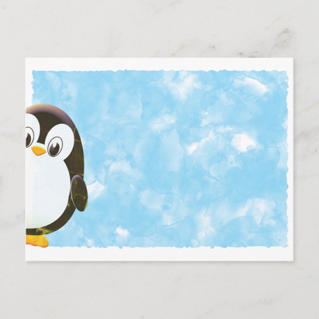 Postal Pingüino lindo acuarela azul (Anverso)