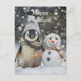 Postal Pingüino lindo con un tema invernal de muñeco de n