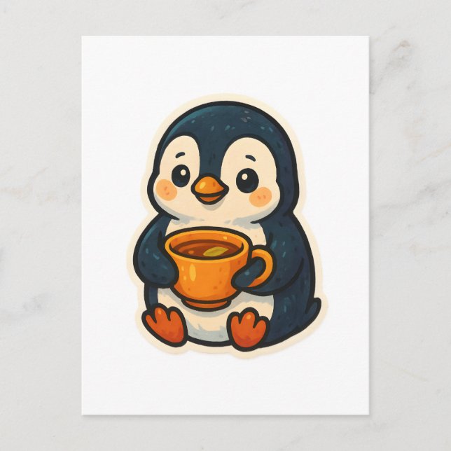 Postal Pingüino lindo con una taza de té (Anverso)