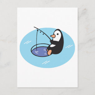 Postal pingüino lindo de pesca en el hielo