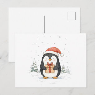 Postal Pinguino Navideño Adorable con Regalo y Gorro de S