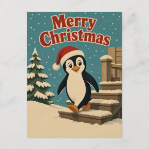 Postal Pingüino Nieve Escalón Animal Navidad
