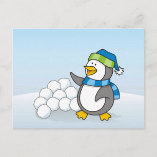 Postal Pingüino pequeño con bolas de nieve ondeando