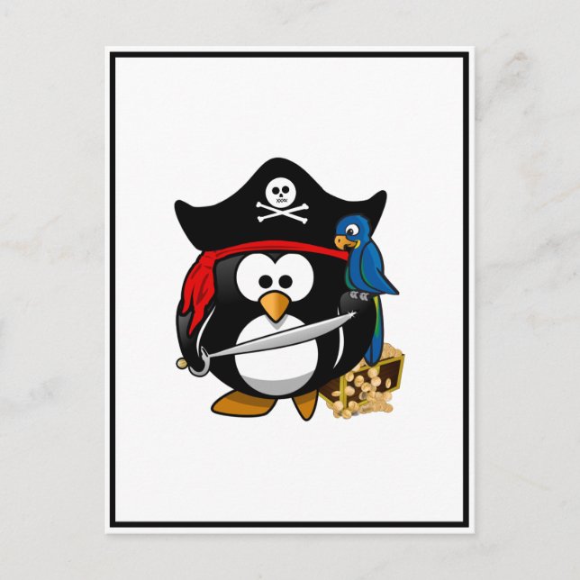 Postal Pingüino pirata con tesoro en pecho (Anverso)