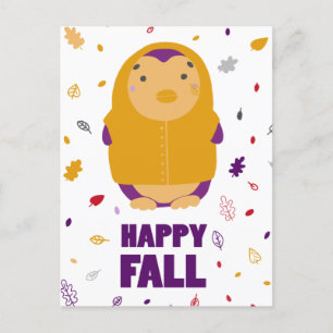 Postal Pingüino púrpura de otoño feliz