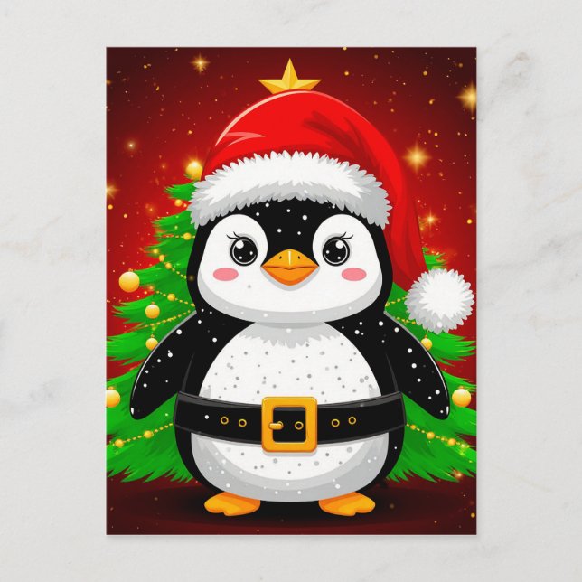 Postal 🐧 Pingüino Santa Claus Árbol de Navidad Diversión (Anverso)