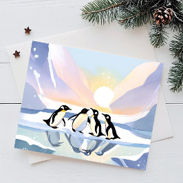 Postal Pingüinos Acuarela de Invierno | Nieve y Hielo Lin