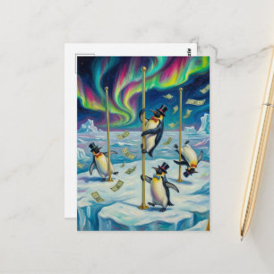Postal Pingüinos bailarines de fantasía divertida Polo No