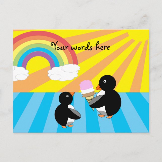 Postal Pingüinos con helado y arco iris (Anverso)
