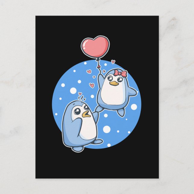 Postal Pingüinos Cute Pareja Balón de Corazón Pingüino (Anverso)