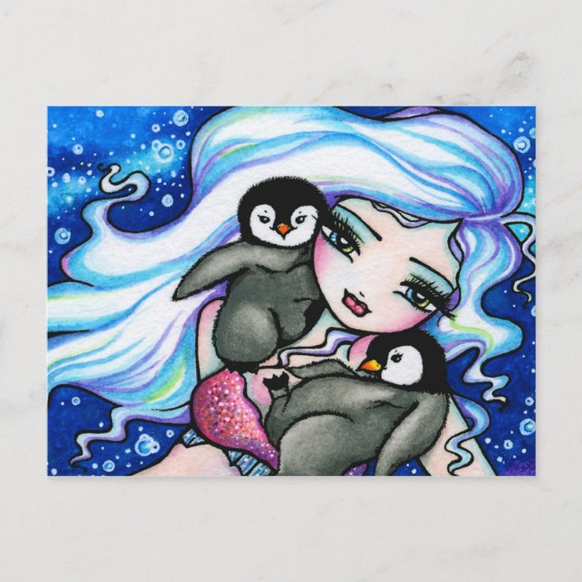 Postal Pingüinos de invierno Mermaid Fantasy Art Postcard (Anverso)