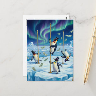 Postal Pingüinos Divertidos Bailando Polo Norte Lluvia Di