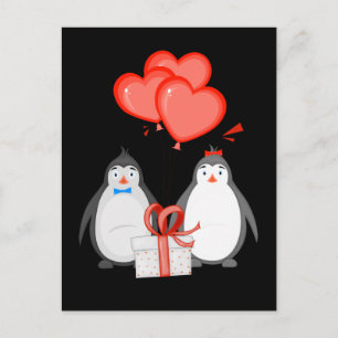 Postal Pingüinos Pareja Globo Corazón Pingüino