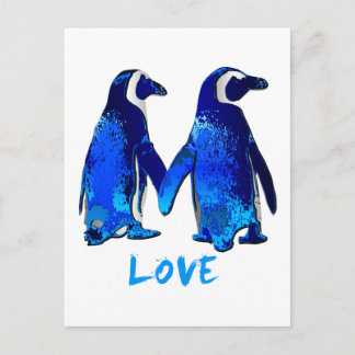 Postal Pingüinos sosteniendo manos y el diseño de amor