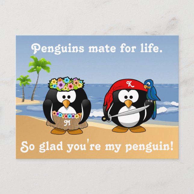 Postal Pingüinos Tropicales Pareja Playa Isla Pirata Hula (Anverso)