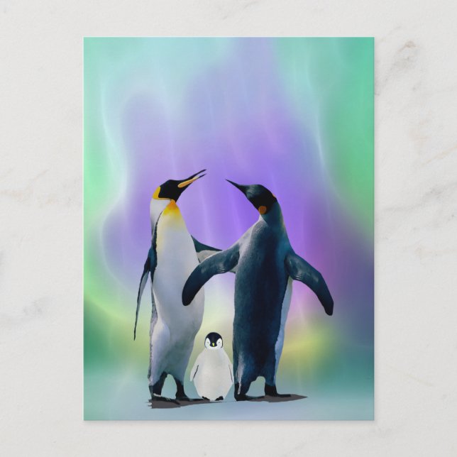 Postal Pingüinos y bebés en Aurora boreal (Anverso)