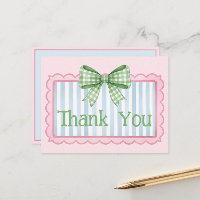 Postal Pink and Blue Frame Green Gingham Bow Thank You (Anverso/Reverso In Situ)