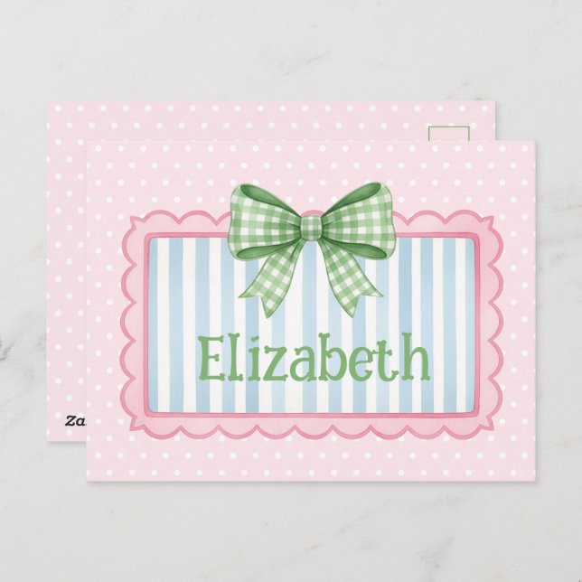 Postal Pink and Blue Frame With Green Gingham Bow (Anverso / Reverso)