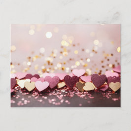 Postal pink and golden hearts on golden glitter 
