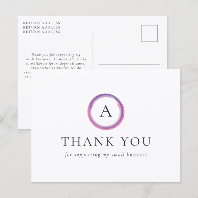 Postal Pink and Purple Monogram Modern Business Thank You (Anverso / Reverso)