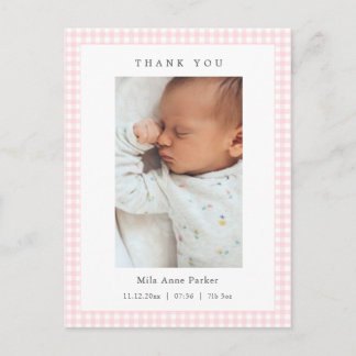 Postal Pink and white Gingham Girl Birth Announcement