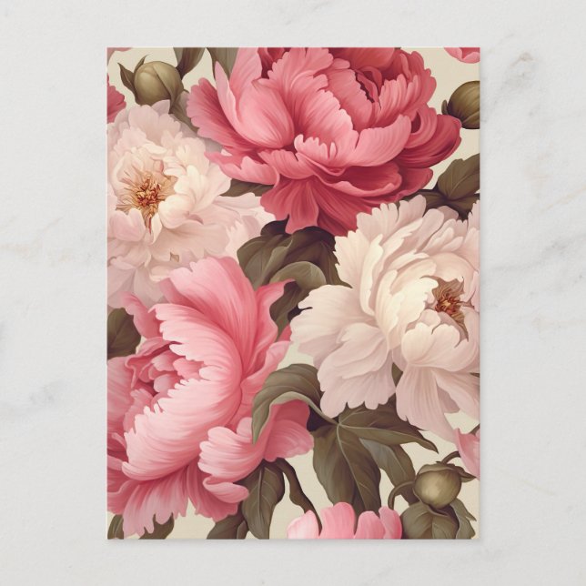 Postal pink and white peony flowers with green leaves (Anverso)