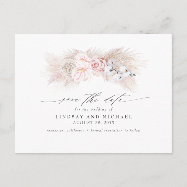 Postal Pink Anthuriums y Pampas Grass Save the Date (Anverso)
