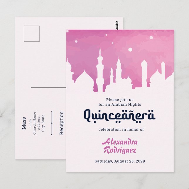 Postal Pink Arabian Nights Watercolor Quinceañera (Anverso / Reverso)