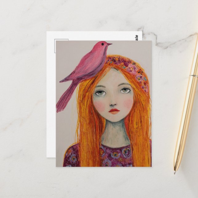 Postal Pink Bird in her Hair (Anverso/Reverso In Situ)
