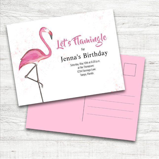 Postal Pink Birthday Party Cute Flamingo Custom (Pink Flamingo "Let's Flamingle" Birthday Party Invitation Postcard Template.)