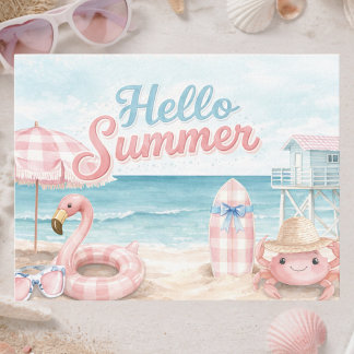 Postal Pink Blue Gingham Hello Summer Beach Coastal