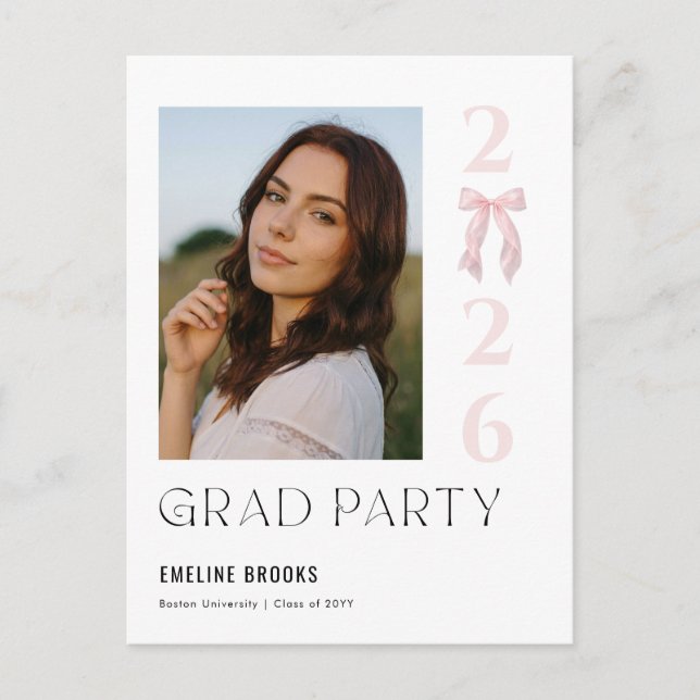 Postal Pink Bow Photo Grad Party Graduation Invitation (Anverso)