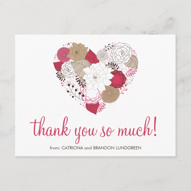 Postal Pink caliente Whimsical Floral Heart Gracias Postc (Anverso)
