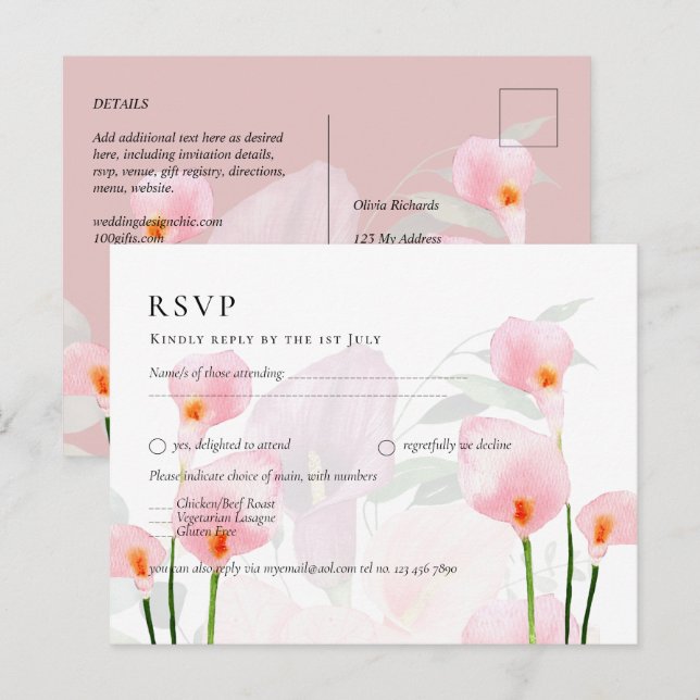 Postal Pink Calla Lily Bouquet Wedquet RSVP (Anverso / Reverso)