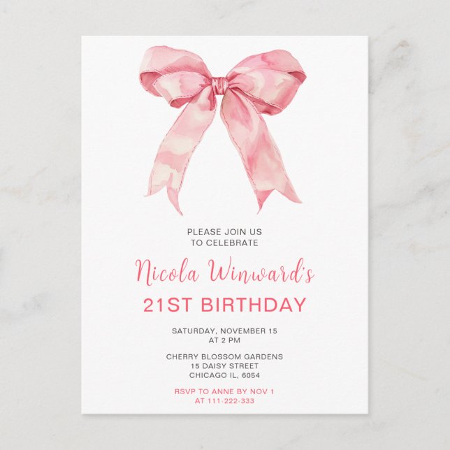 Postal Pink Coquette Bow Birday Party (Anverso)