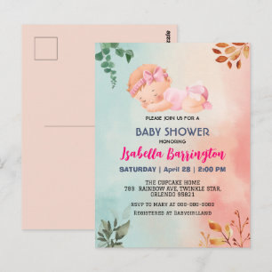 Postal Pink Cute Baby Girl Flores de hojas bebé ducha
