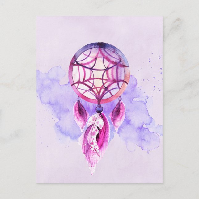 Postal Pink Dreamcatcher On Purple Watercolor Splatz (Anverso)