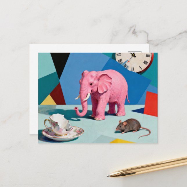 Postal Pink Elephant Mouse Broken Teacup Clock Surreal (Anverso/Reverso In Situ)
